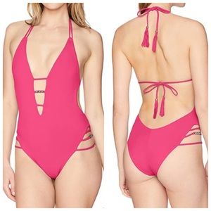 ECO PEACE Squash Blossom One Piece Swimsuit in Cherry Size Large NWT